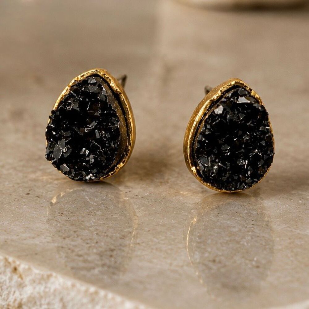 Black Galaxy Teardrop Earrings – Faux Druzy Quartz Studs with Raw Edge